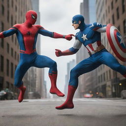 A dynamic scene featuring Spiderman and Captain America in a friendly superhero duel, showcasing their unique abilities.