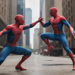 A dynamic scene featuring Spiderman and Captain America in a friendly superhero duel, showcasing their unique abilities.