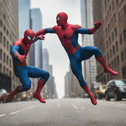 A dynamic scene featuring Spiderman and Captain America in a friendly superhero duel, showcasing their unique abilities.