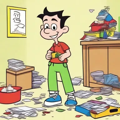 In the cartoon, the mischievous character always manages to tidy up the mess he creates before anyone finds out.