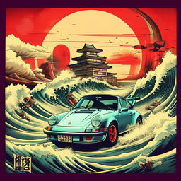 A retro anime-style poster featuring a Porsche 911, large stylized ocean waves and Japanese calligraphy. The overall feel should be pulp and vintage.