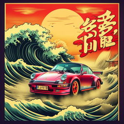 A retro anime-style poster featuring a Porsche 911, large stylized ocean waves and Japanese calligraphy. The overall feel should be pulp and vintage.