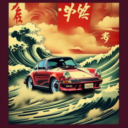 A retro anime-style poster featuring a Porsche 911, large stylized ocean waves and Japanese calligraphy. The overall feel should be pulp and vintage.