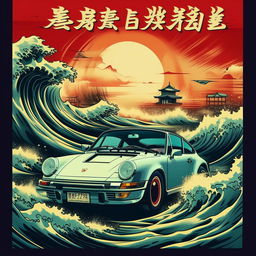 A retro anime-style poster featuring a Porsche 911, large stylized ocean waves and Japanese calligraphy. The overall feel should be pulp and vintage.