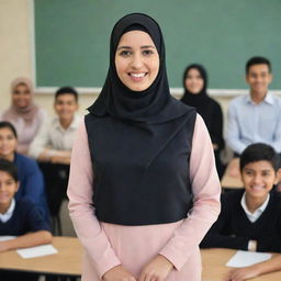 A female teacher in a uniform, with a hijab, standing in front of her students in a classroom, smiling happily