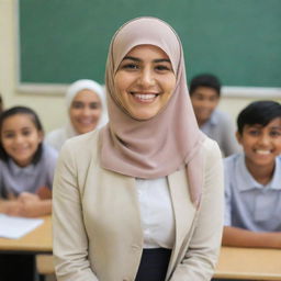 A female teacher in a uniform, with a hijab, standing in front of her students in a classroom, smiling happily