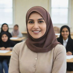 A female teacher in a uniform, with a hijab, standing in front of her students in a classroom, smiling happily