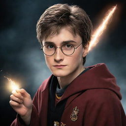 An attractive depiction of Harry Potter, the young wizard with his characteristic glasses, lightning bolt scar, and holding a magical wand, wearing Gryffindor robes.