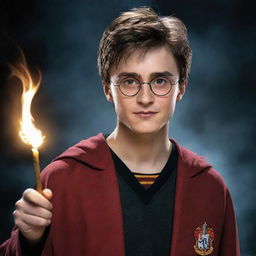 An attractive depiction of Harry Potter, the young wizard with his characteristic glasses, lightning bolt scar, and holding a magical wand, wearing Gryffindor robes.