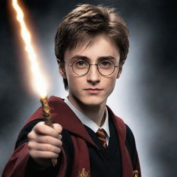 An attractive depiction of Harry Potter, the young wizard with his characteristic glasses, lightning bolt scar, and holding a magical wand, wearing Gryffindor robes.