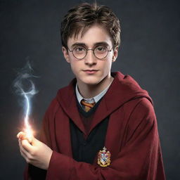 An attractive depiction of Harry Potter, the young wizard with his characteristic glasses, lightning bolt scar, and holding a magical wand, wearing Gryffindor robes.