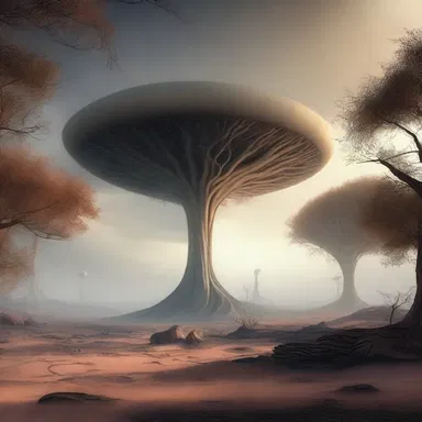 On the alien planet, the wind susurrates through the trees, creating an eerie atmosphere.