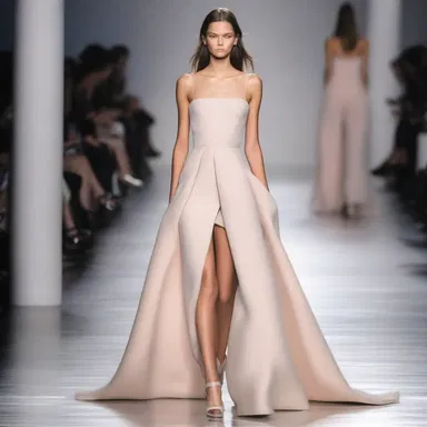 The soft fabric of the designer dress seems to susurrate as the model walks down the runway.