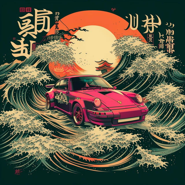 Anime-stylized Porsche 911 in a retro pulp poster setting, surrounded by dynamic waves and Japanese calligraphy.