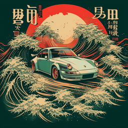 Anime-stylized Porsche 911 in a retro pulp poster setting, surrounded by dynamic waves and Japanese calligraphy.