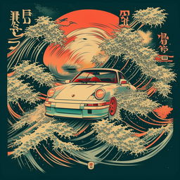 Anime-stylized Porsche 911 in a retro pulp poster setting, surrounded by dynamic waves and Japanese calligraphy.