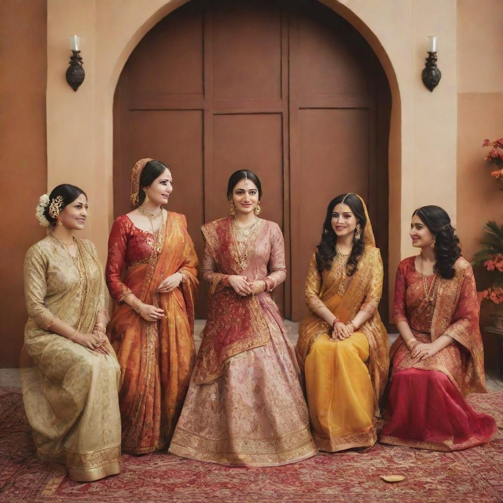 A sophisticated, subtly-colored Lohri celebration greeting for a salon. Highlight elegantly-styled women in traditional attire celebrating Lohri with warmth and grace, surrounded by salon-inspired elements.