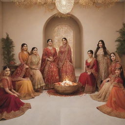 A sophisticated, subtly-colored Lohri celebration greeting for a salon. Highlight elegantly-styled women in traditional attire celebrating Lohri with warmth and grace, surrounded by salon-inspired elements.