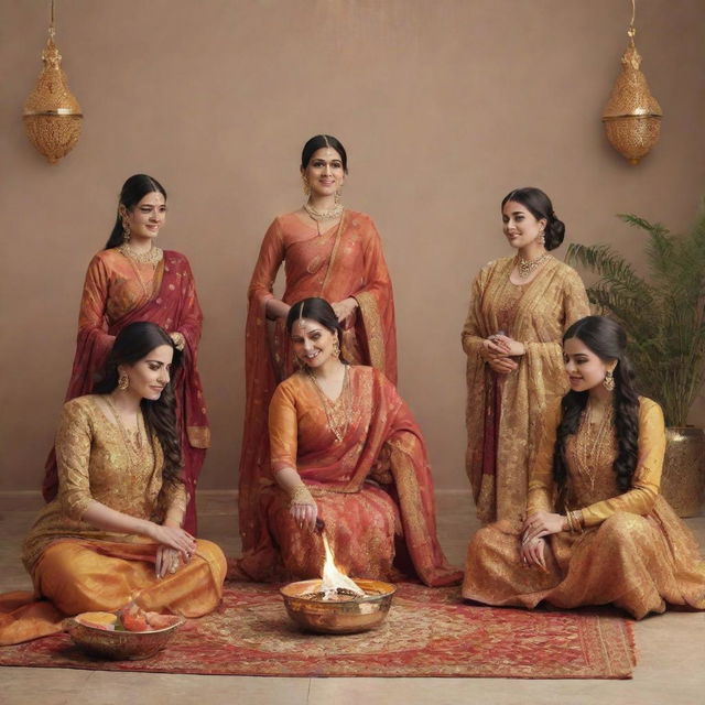 A sophisticated, subtly-colored Lohri celebration greeting for a salon. Highlight elegantly-styled women in traditional attire celebrating Lohri with warmth and grace, surrounded by salon-inspired elements.