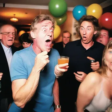 At the party, John made a funny face after taking a shot and pretended to be befuddled, much to everyone's amusement.