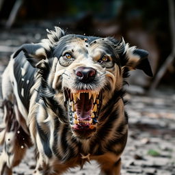 A snarling dog with wild eyes, teeth bared in a fierce display of aggression.