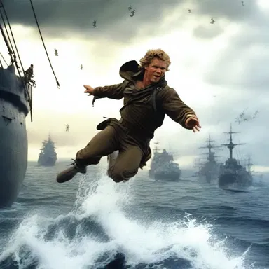 The climactic scene in the action film showed the hero swiftly jumping from one cleat to another, maneuvering through the treacherous naval battle.