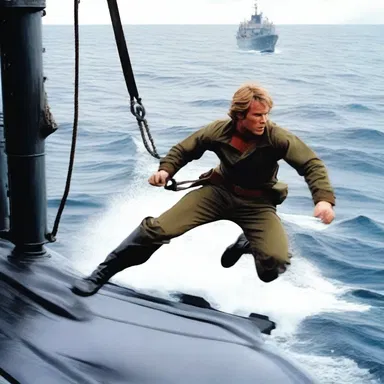 The climactic scene in the action film showed the hero swiftly jumping from one cleat to another, maneuvering through the treacherous naval battle.