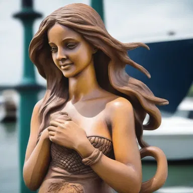 The sculptor meticulously carved a beautiful mermaid statue, adding intricate details to the cleat where she was holding the anchor.