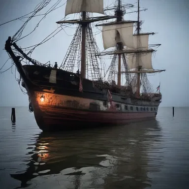 As the haunted ship sailed into the night, the ghostly figures dressed the ship with tattered flags, creating an eerie spectacle.