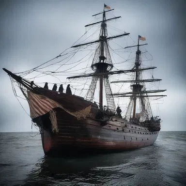 As the haunted ship sailed into the night, the ghostly figures dressed the ship with tattered flags, creating an eerie spectacle.