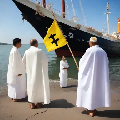 In celebration of a religious festival, the devout followers gathered on the shore to witness priests dress the ship with sacred flags, invoking blessings for a safe voyage.