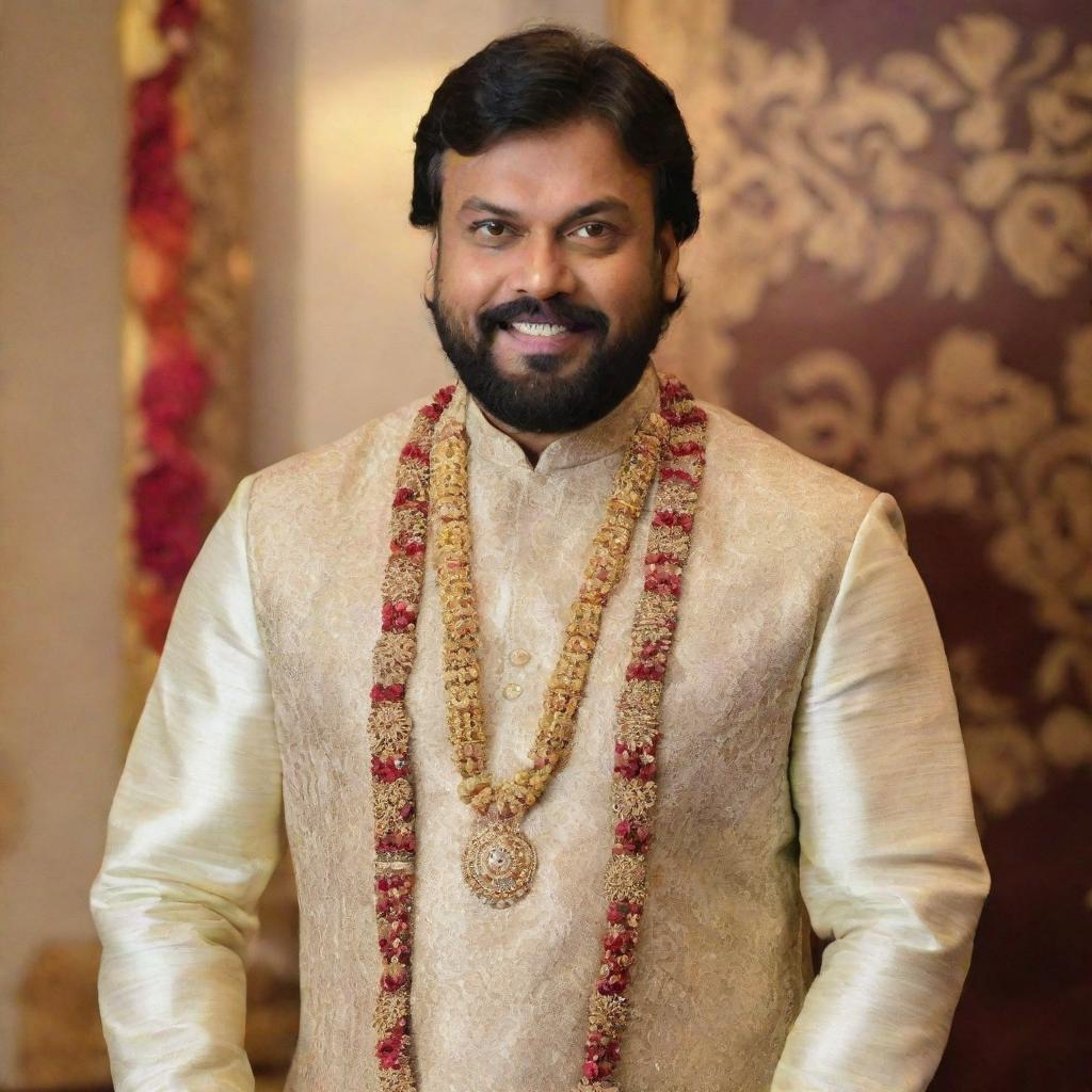 Chiranjeevi Konidela, a renowned Indian actor, dressed in an elegant, traditional Indian wedding attire. He should have a joyful expression, and the fabric of the dress should be intricately detailed.