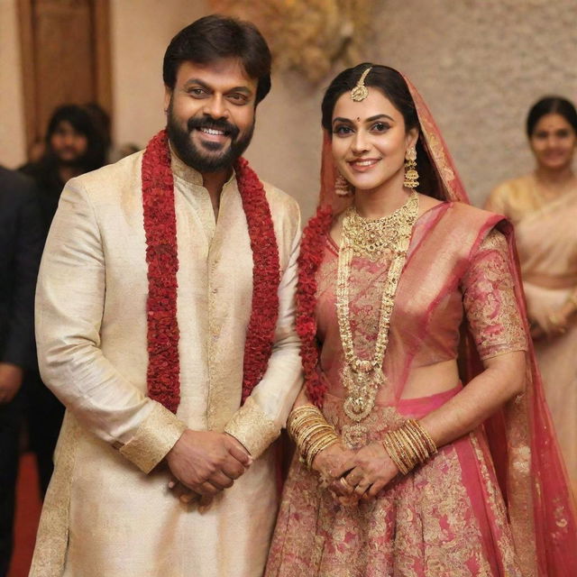 Chiranjeevi Konidela, a renowned Indian actor, dressed in an elegant, traditional Indian wedding attire. He should have a joyful expression, and the fabric of the dress should be intricately detailed.