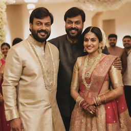 Chiranjeevi Konidela, a renowned Indian actor, dressed in an elegant, traditional Indian wedding attire. He should have a joyful expression, and the fabric of the dress should be intricately detailed.