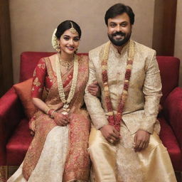 Chiranjeevi Konidela, a renowned Indian actor, dressed in an elegant, traditional Indian wedding attire. He should have a joyful expression, and the fabric of the dress should be intricately detailed.