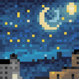 This is a 32x32 pixel art interpretation of Van Gogh's 'Starry Night