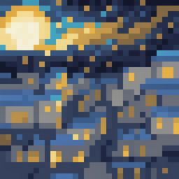 This is a 32x32 pixel art interpretation of Van Gogh's 'Starry Night