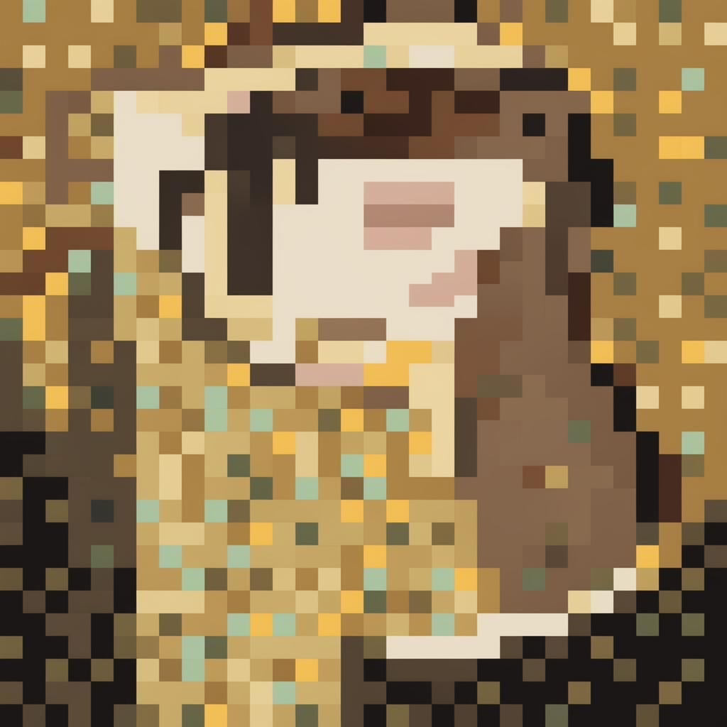 This is a 32x32 pixel art interpretation of Gustav Klimt's 'The Kiss