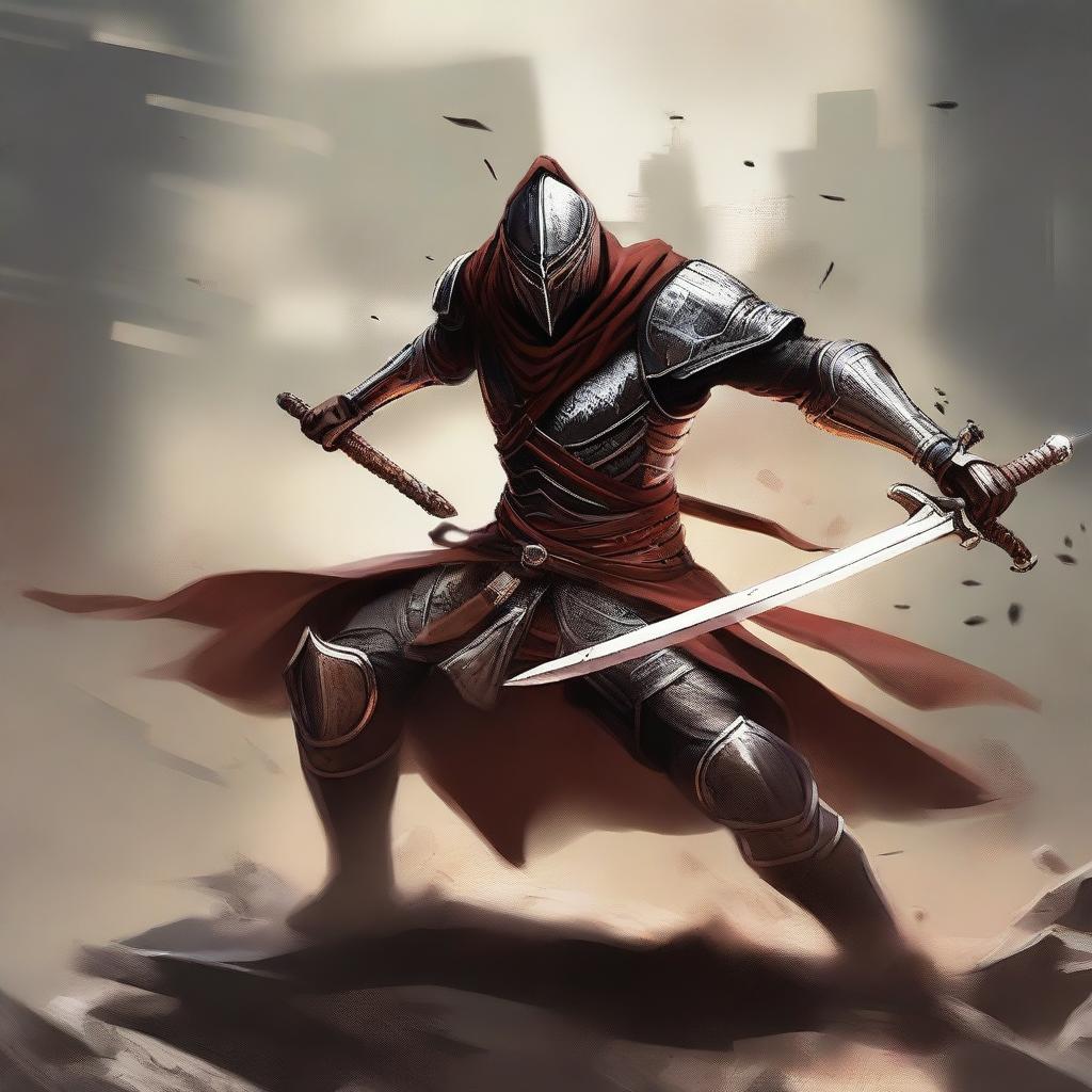 A high-resolution digital art piece illustrating a humanoid warrior in the midst of battle