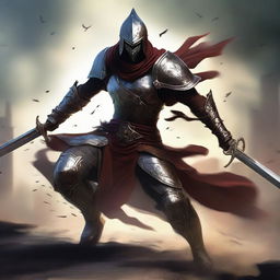A high-resolution digital art piece illustrating a humanoid warrior in the midst of battle