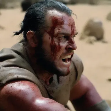In the intense battle scene, the character used a styptic powder to stop the bleeding from his wounds.