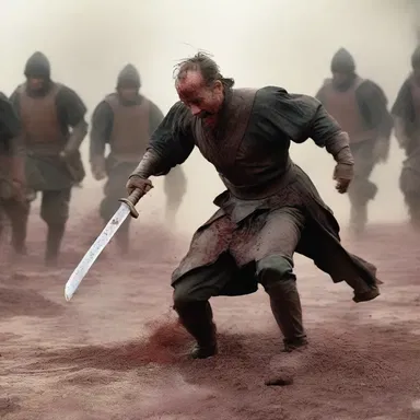 In the intense battle scene, the character used a styptic powder to stop the bleeding from his wounds.