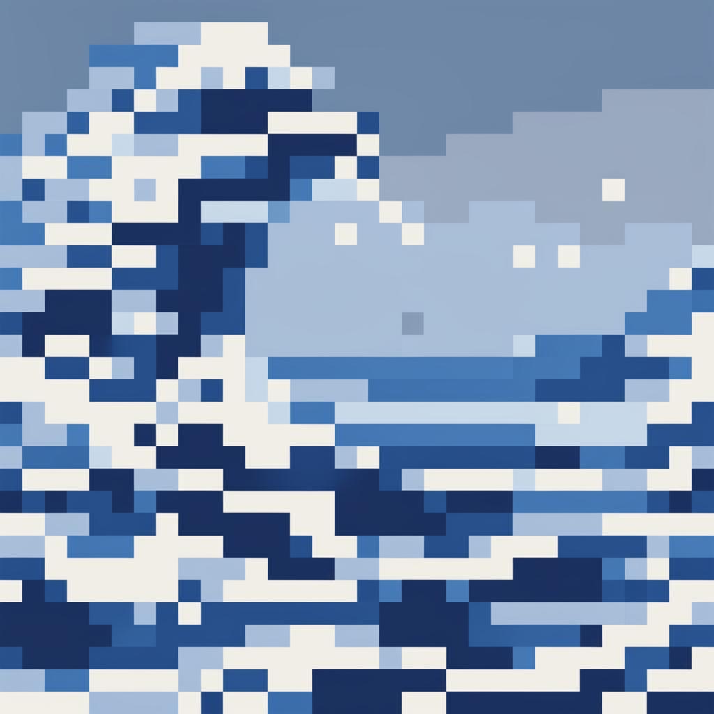 This is a 32x32 pixel art interpretation of Hokusai's 'Great Wave off Kanagawa