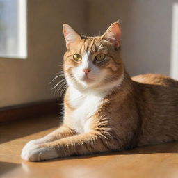 A vivid and lifelike image of a cat resting serenely in a sunlit room