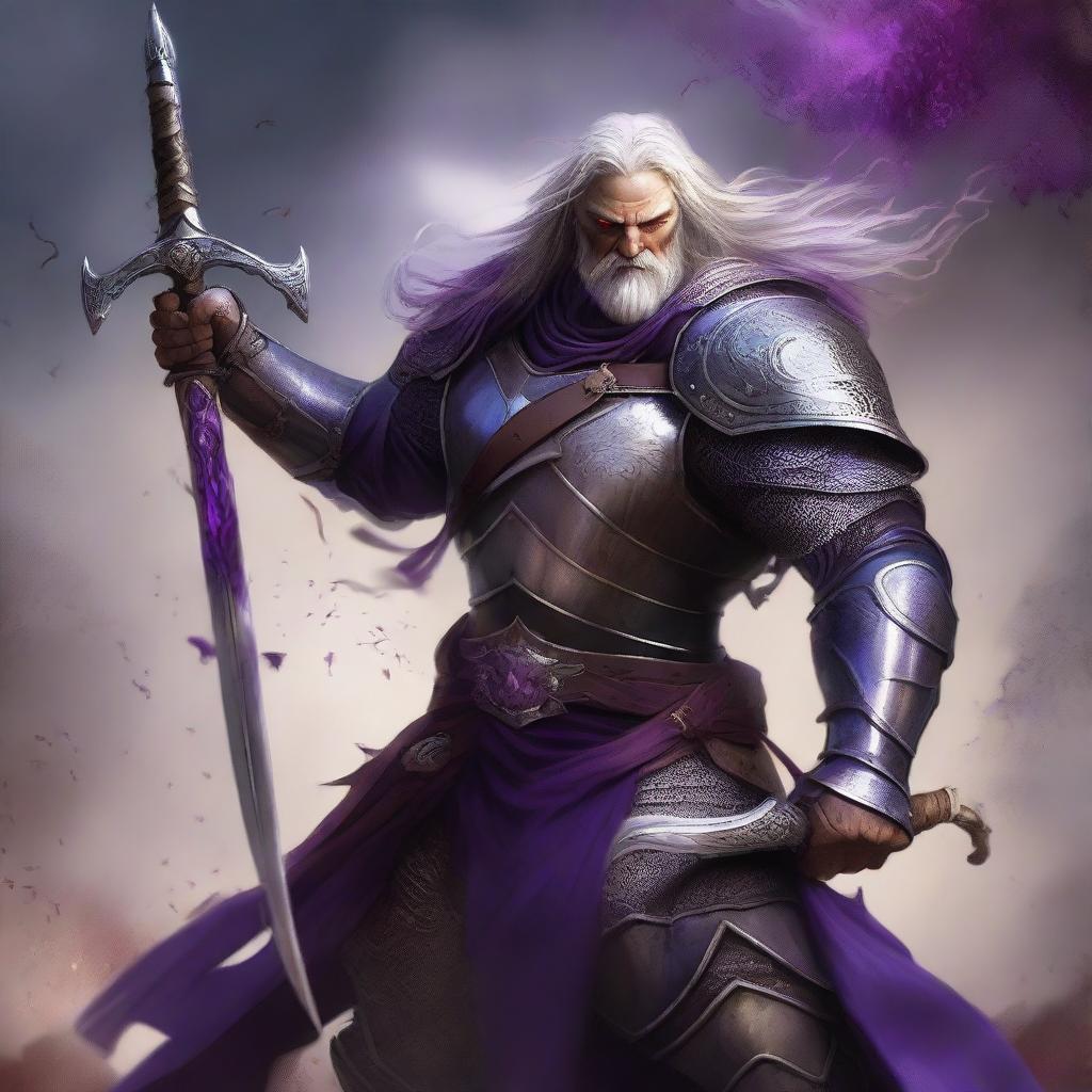 A striking digital art image portrays a victorious humanoid warrior with purple eyes, a beard, and long gray hair
