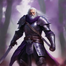 A striking digital art image portrays a victorious humanoid warrior with purple eyes, a beard, and long gray hair