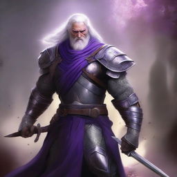 A striking digital art image portrays a victorious humanoid warrior with purple eyes, a beard, and long gray hair