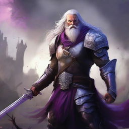 A striking digital art image portrays a victorious humanoid warrior with purple eyes, a beard, and long gray hair