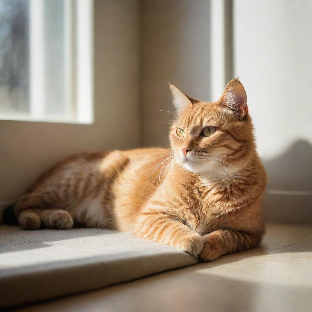 A vivid and lifelike image of a cat resting serenely in a sunlit room