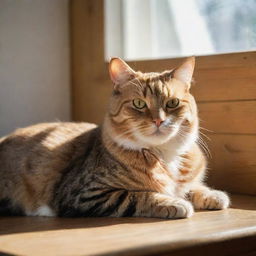 A vivid and lifelike image of a cat resting serenely in a sunlit room